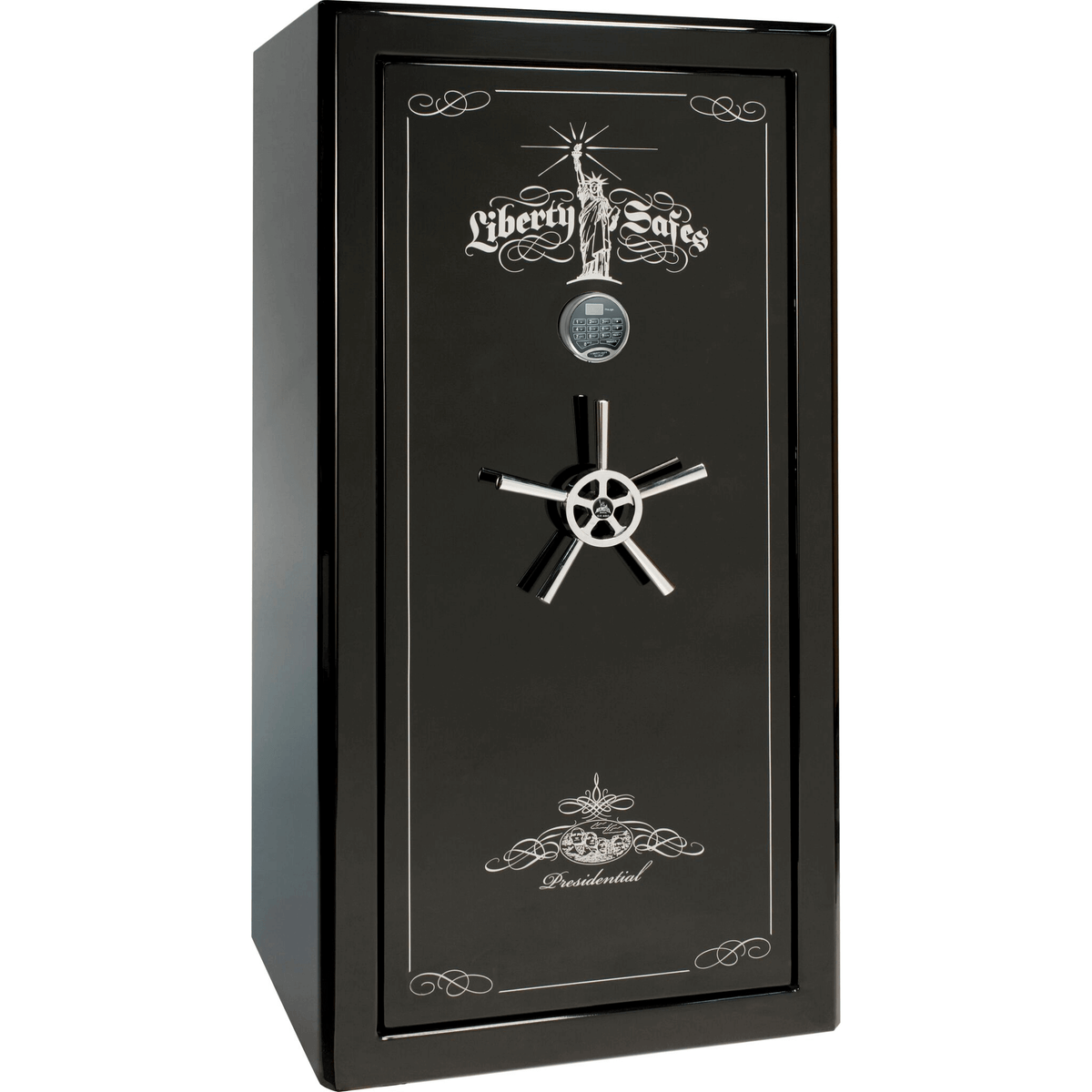 Presidential Series | Level 8 Security | 2.5 Hours Fire Protection | 25 | Dimensions: 60.5&quot;(H) x 30.25&quot;(W) x 24.75&quot;(D*) | Black Gloss Chrome Hardware | Electronic Lock