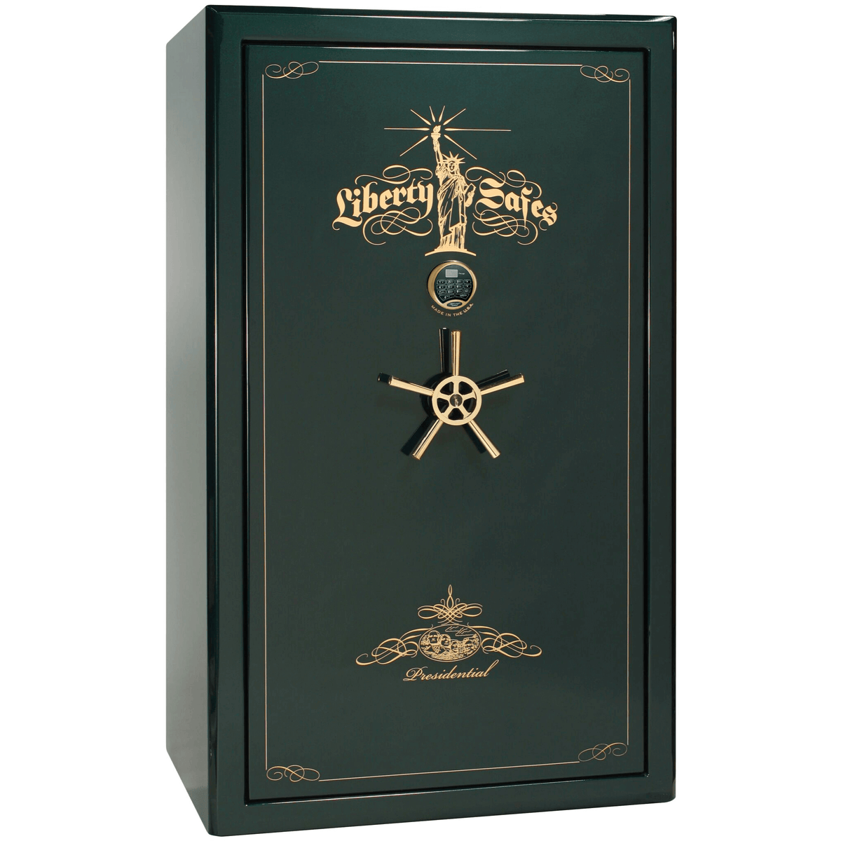 Presidential Series | Level 8 Security | 2.5 Hours Fire Protection | 50 | Dimensions: 72.5&quot;(H) x 42.25&quot;(W) x 27.75&quot;(D*) | Green Gloss | Gold Hardware | Electronic Lock